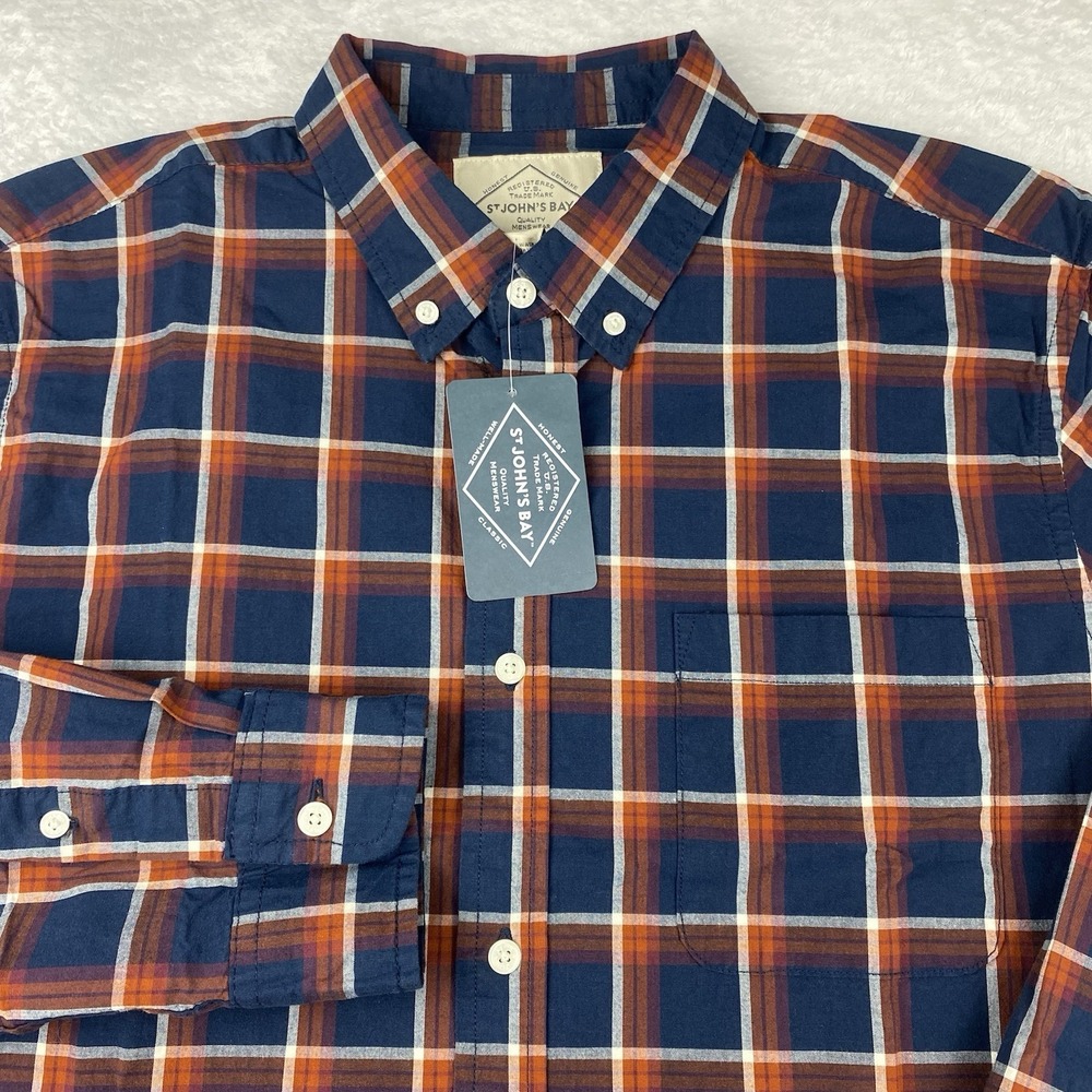 St. John's Bay Shirt‎ Mens Large Navy Blue w/Rust Checks Stretch New w/Tags!
